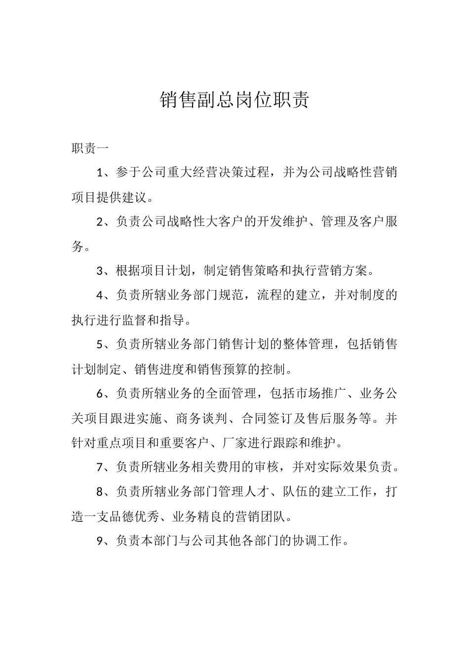 2025年人力资源制度：销售副总岗位职责.docx_第1页