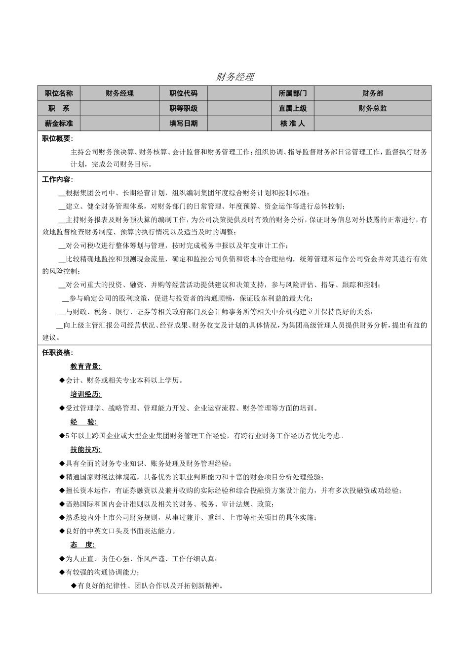 2025年人力资源制度：财务经理职能说明书.doc_第1页