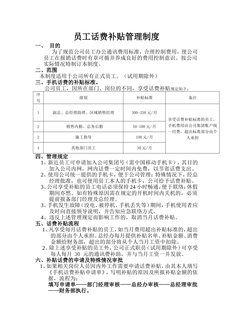 2025年人力资源制度：员工话费补贴管理制度.doc_第1页