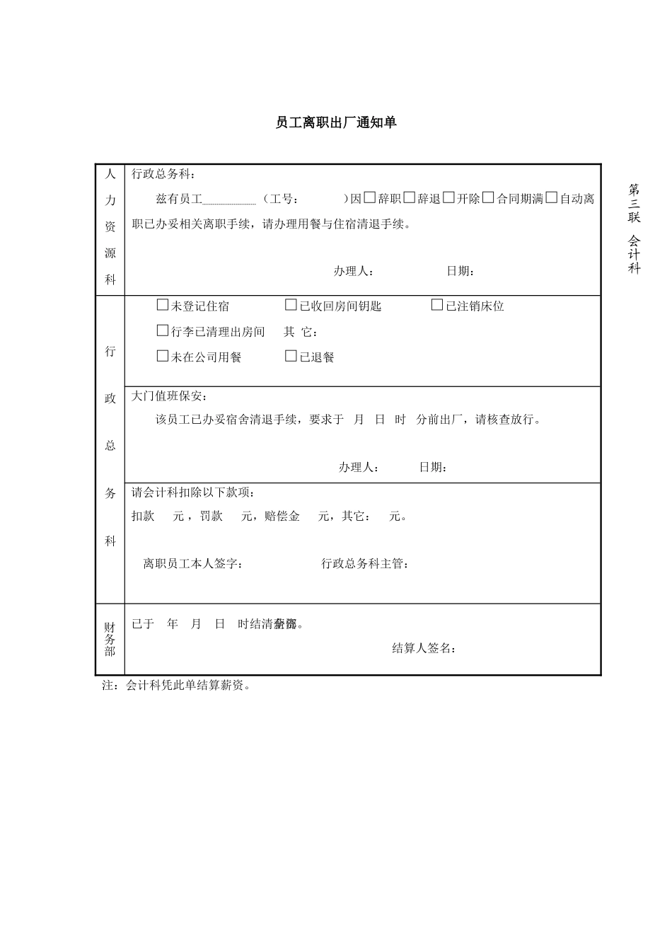 2025年人力资源制度：员工离职出厂通知单-模板.doc_第3页