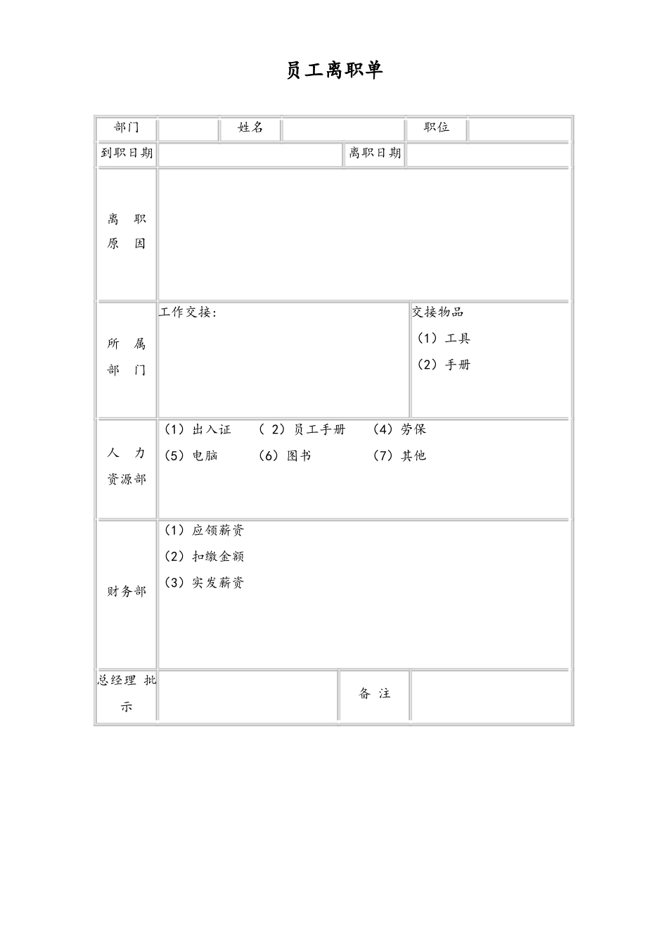 2025年人力资源制度：员工离职单.doc_第1页