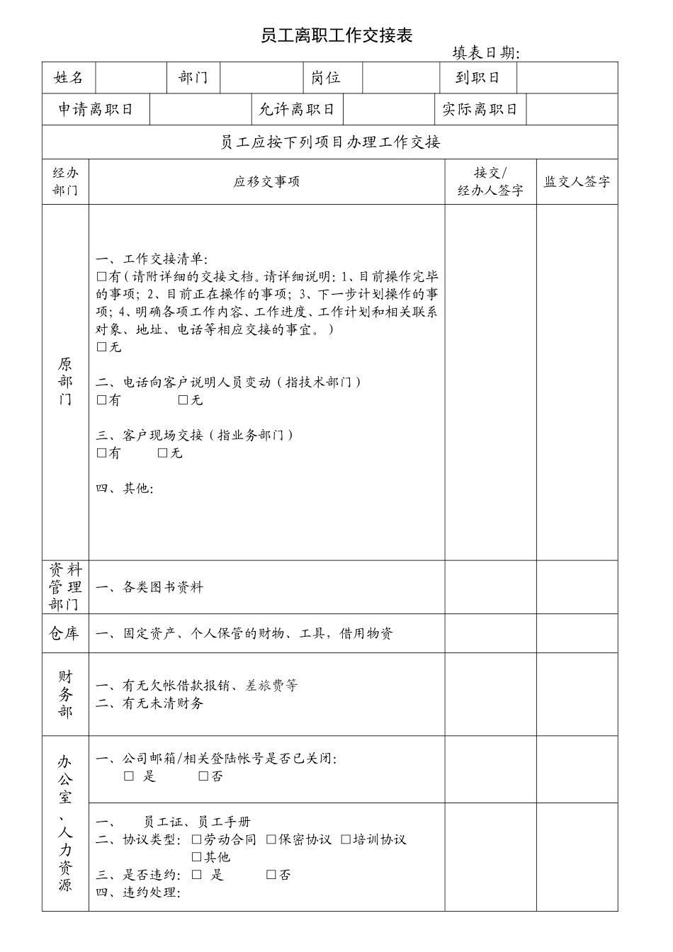 2025年人力资源制度：员工离职工作交接表.doc_第1页