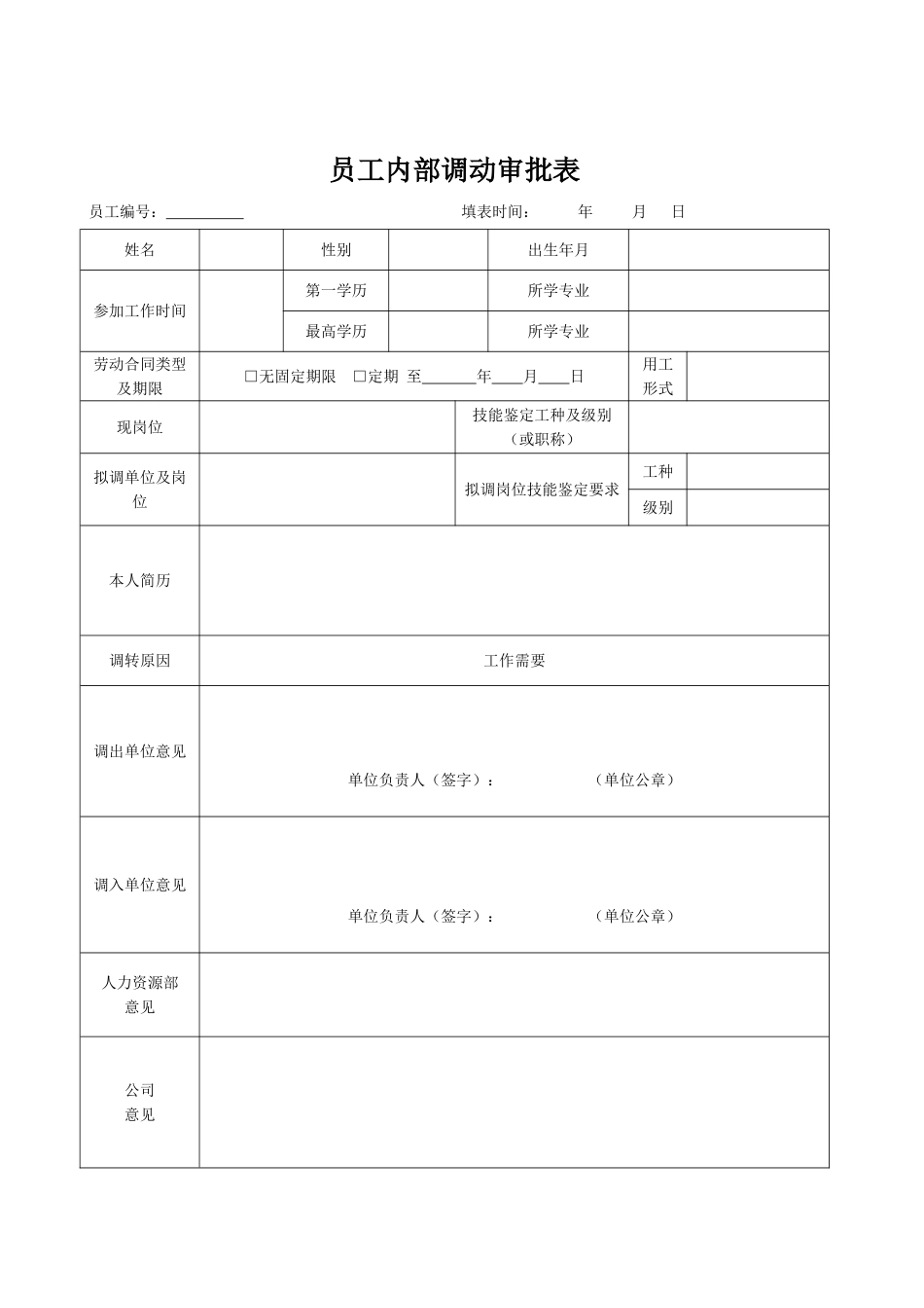 2025年人力资源制度：员工内部调动审批表.doc_第1页