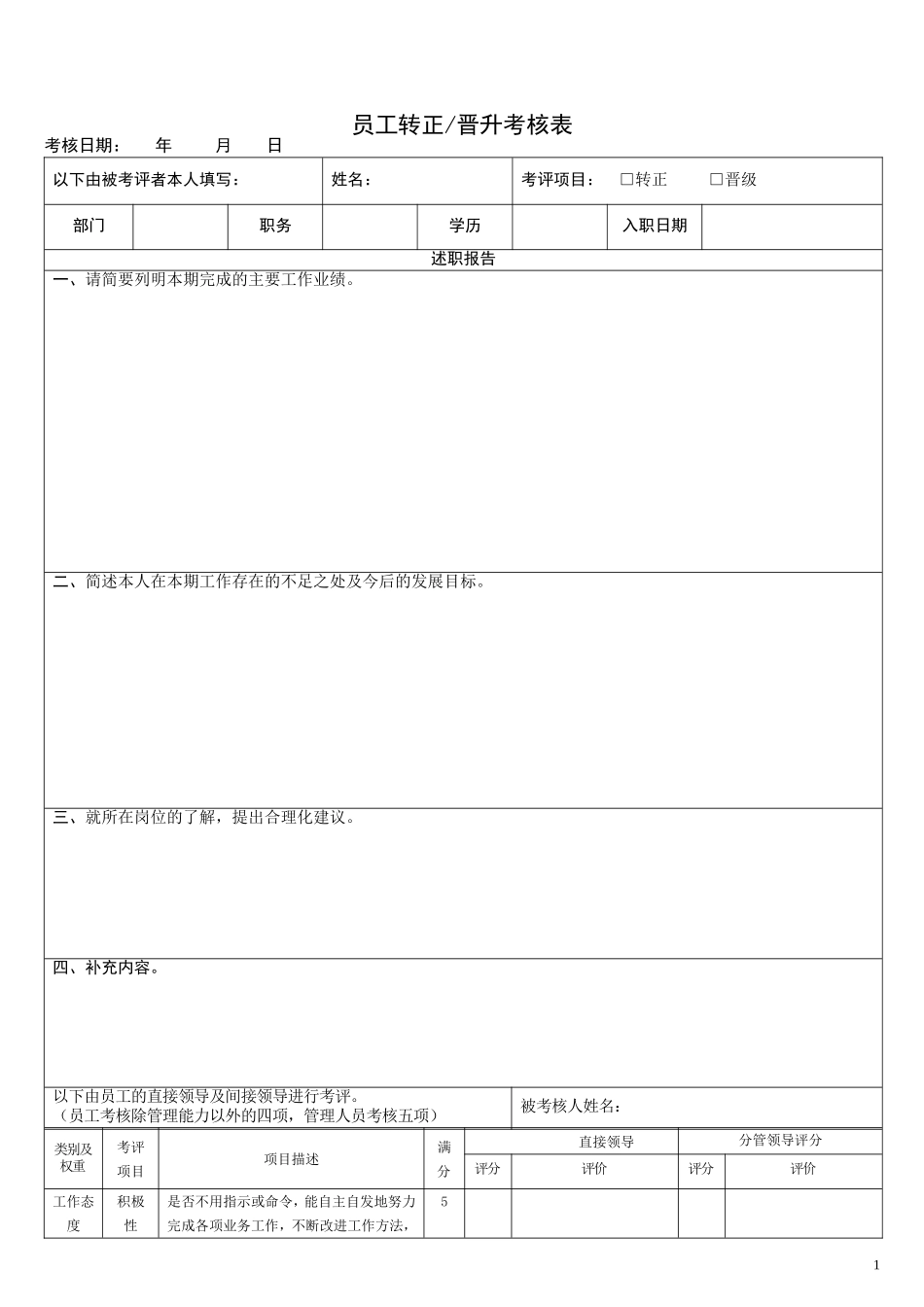 2025年人力资源制度：员工转正晋升考核表 .doc_第1页