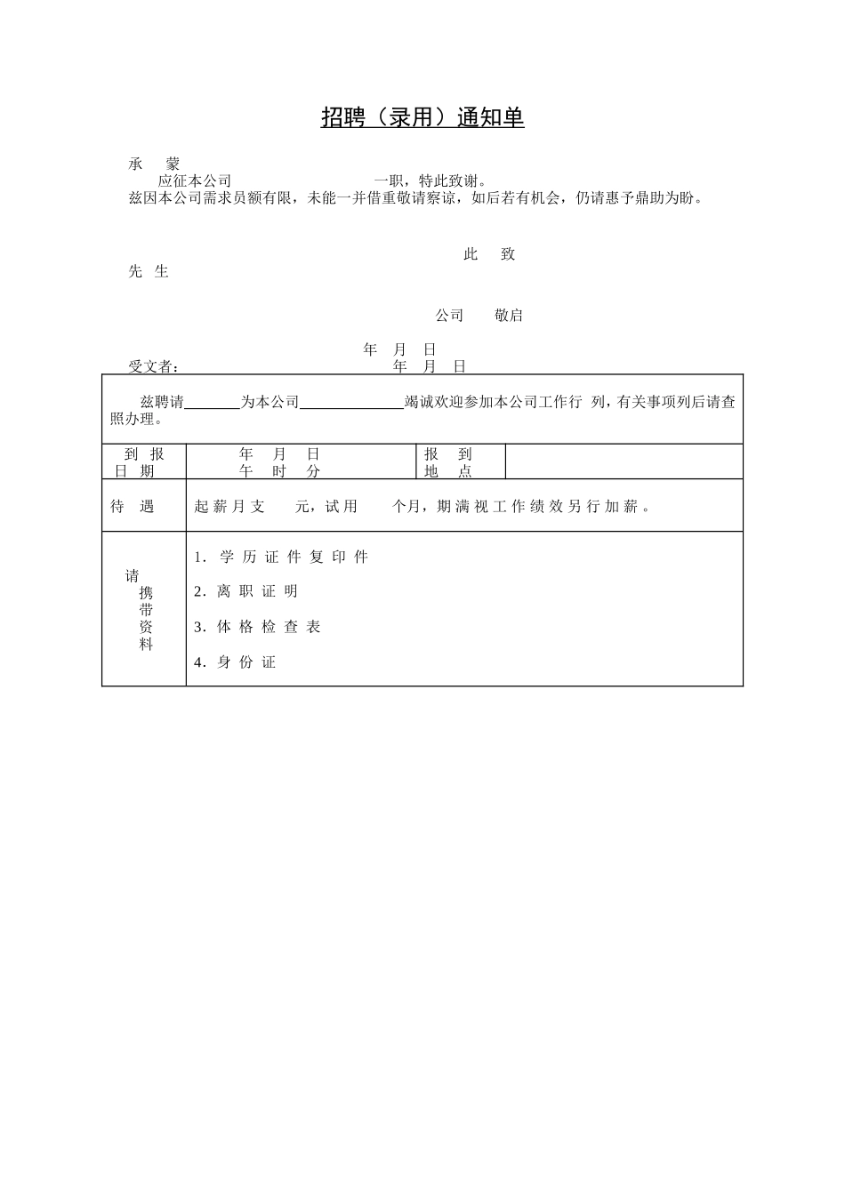 2025年人力资源制度：招聘（录用）通知单.doc_第1页