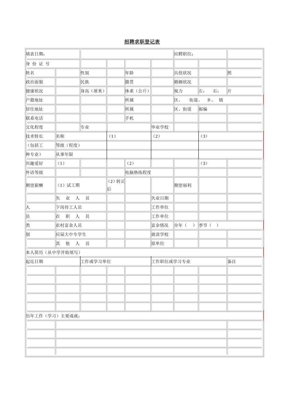 2025年人力资源制度：招聘求职登记表.doc_第1页