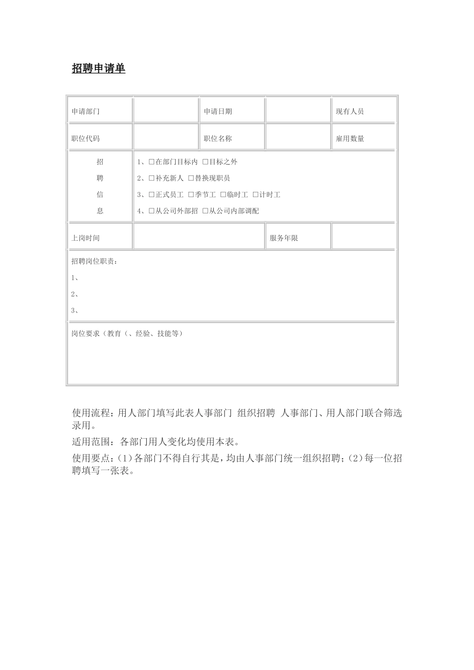 2025年人力资源制度：招聘申请单.doc_第1页