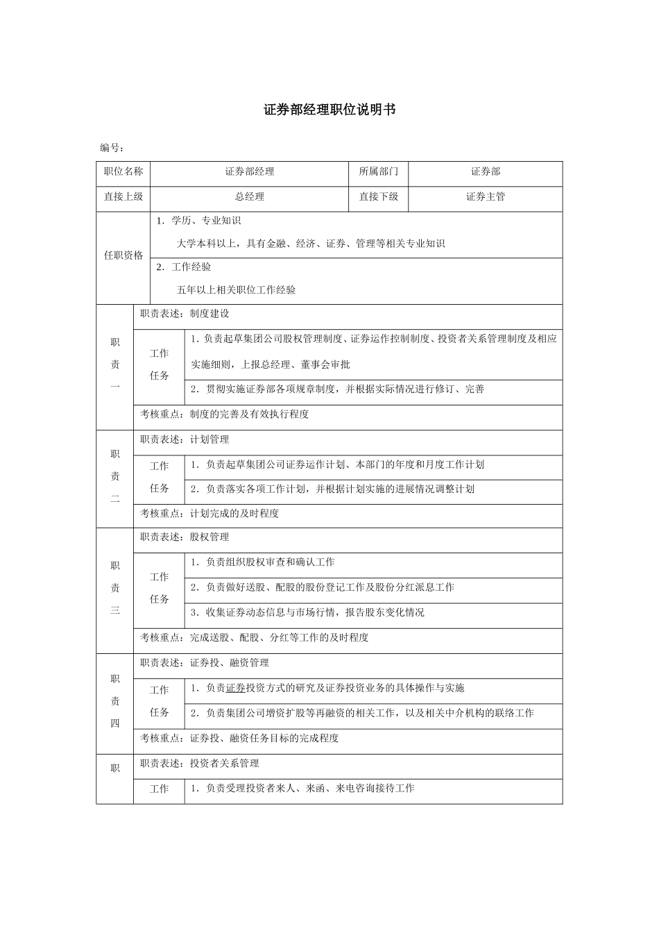 2025年人力资源制度：证券部经理职位说明书.doc_第1页