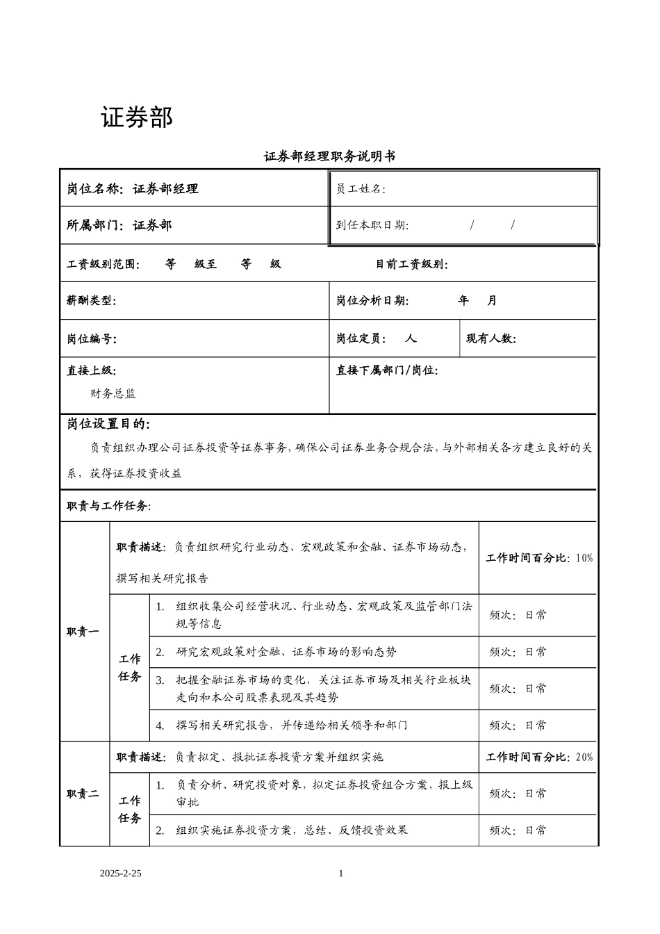 2025年人力资源制度：证券部职务说明书.doc_第1页