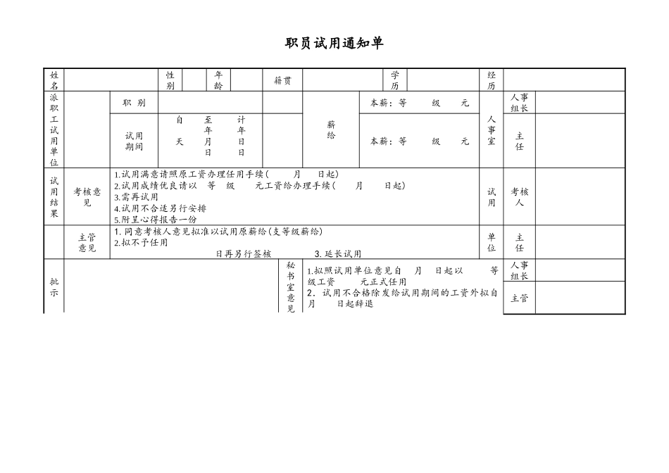 2025年人力资源制度：职员试用通知单.doc_第1页