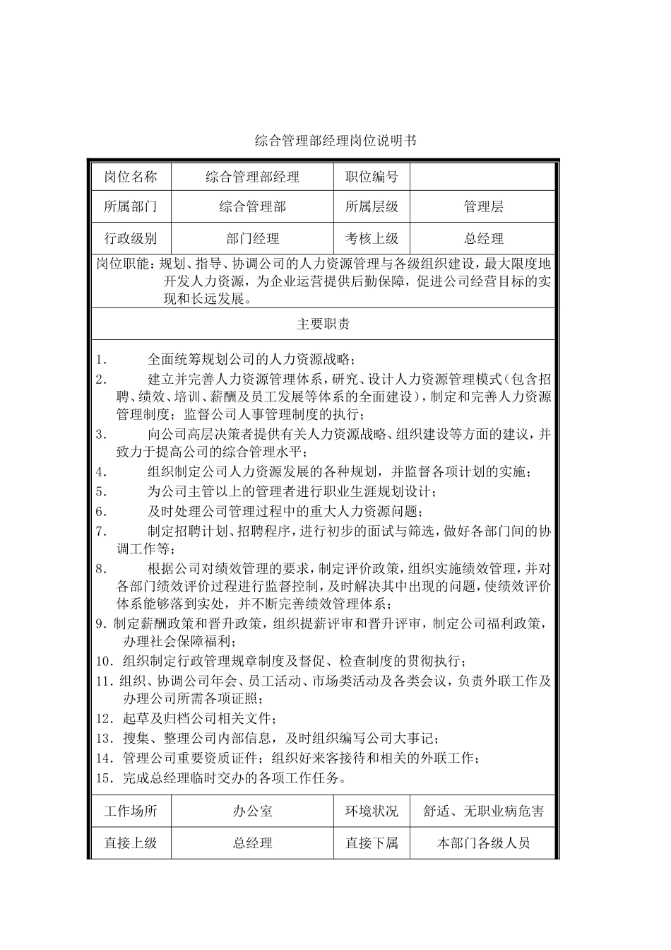 2025年人力资源制度：综合管理部经理岗位说明书.doc_第1页