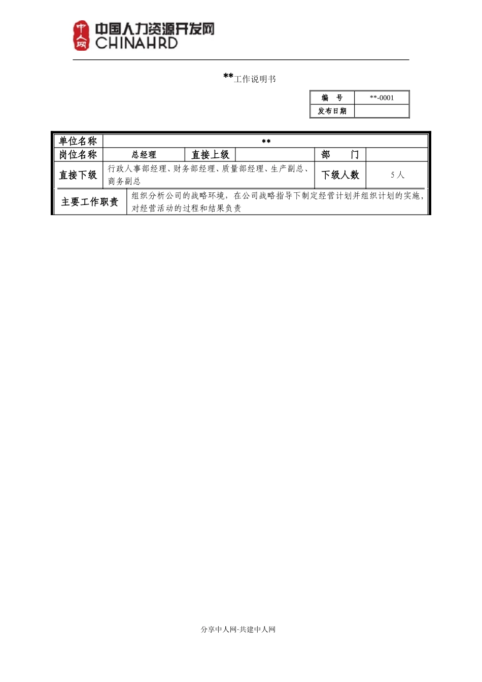 2025年人力资源制度：总经理工作岗位职责说明书.doc_第1页