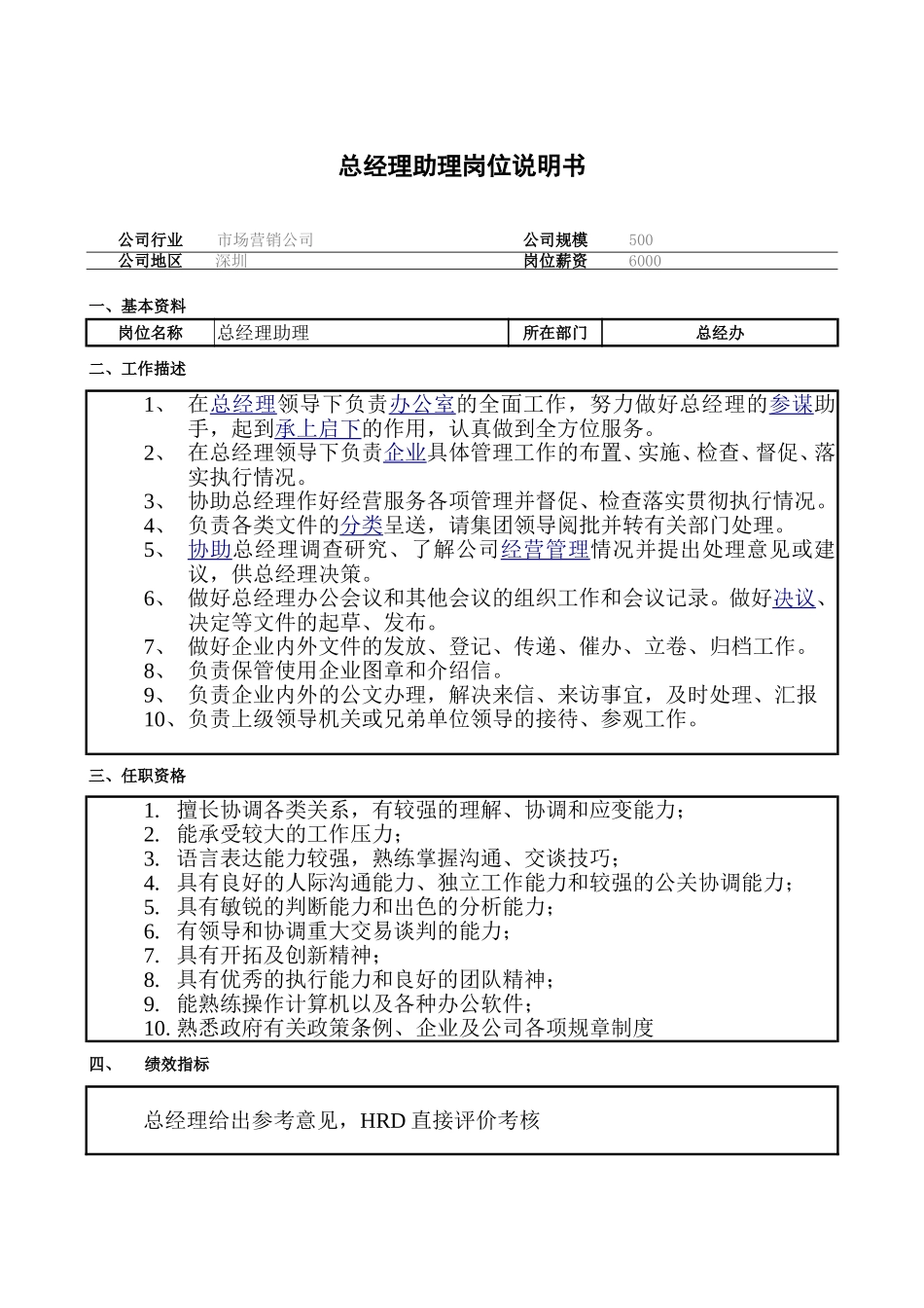 2025年人力资源制度：总经理助理职务说明书.doc_第1页