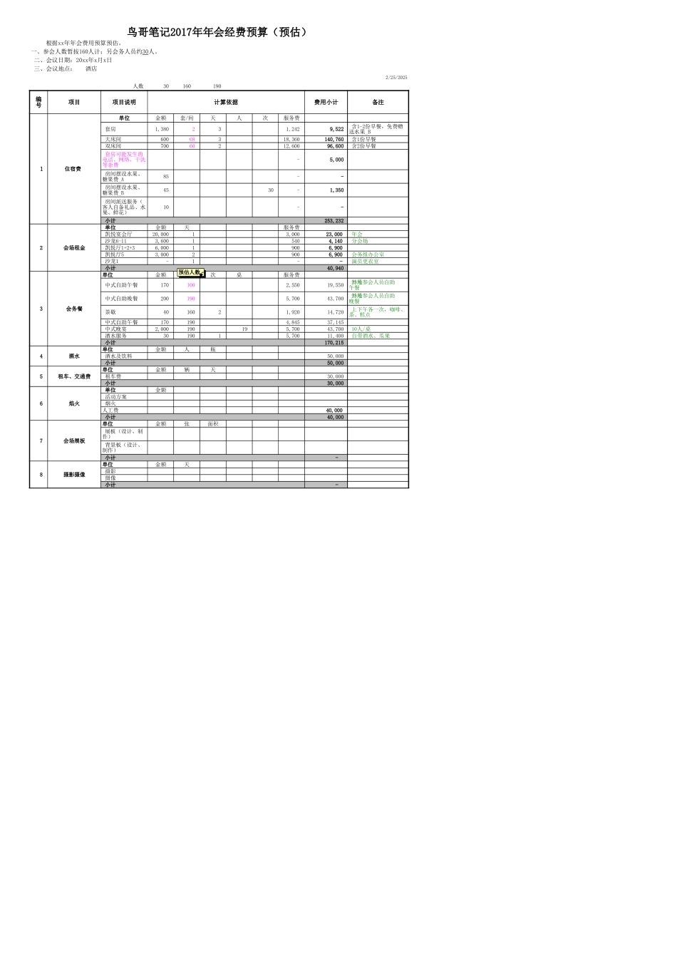 2025年销售技巧培训：年会预算安排模板02.xls_第1页