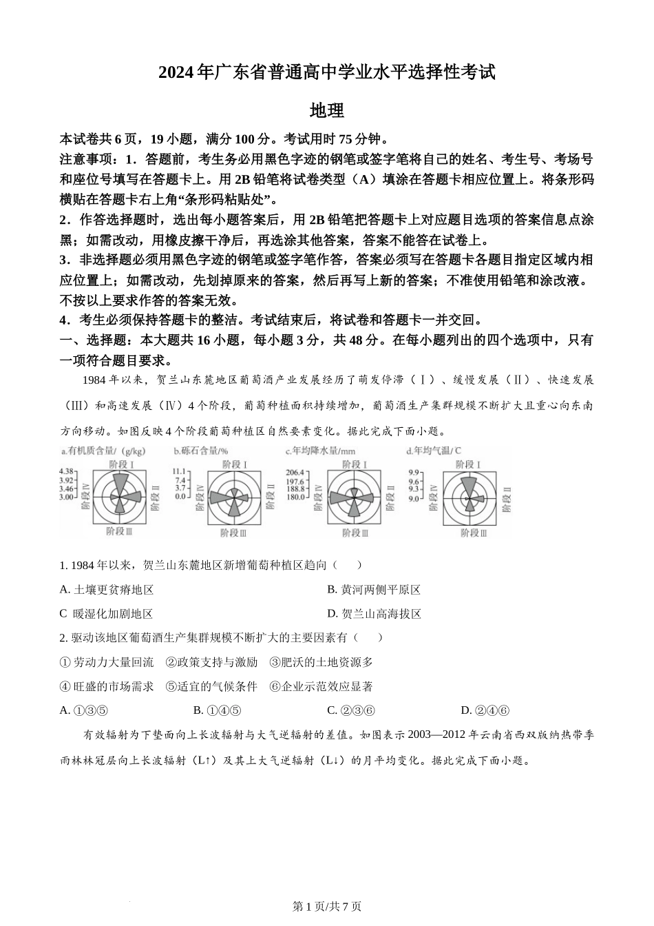 (官方发布)2024年高考地理真题（广东）（空白卷）.docx_第1页