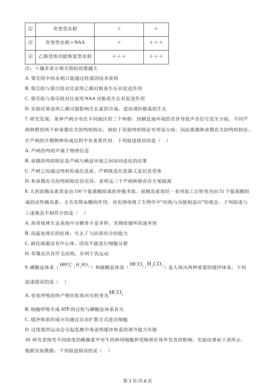 (官方发布)2024年高考生物真题（湖北）（空白卷）.docx_第3页