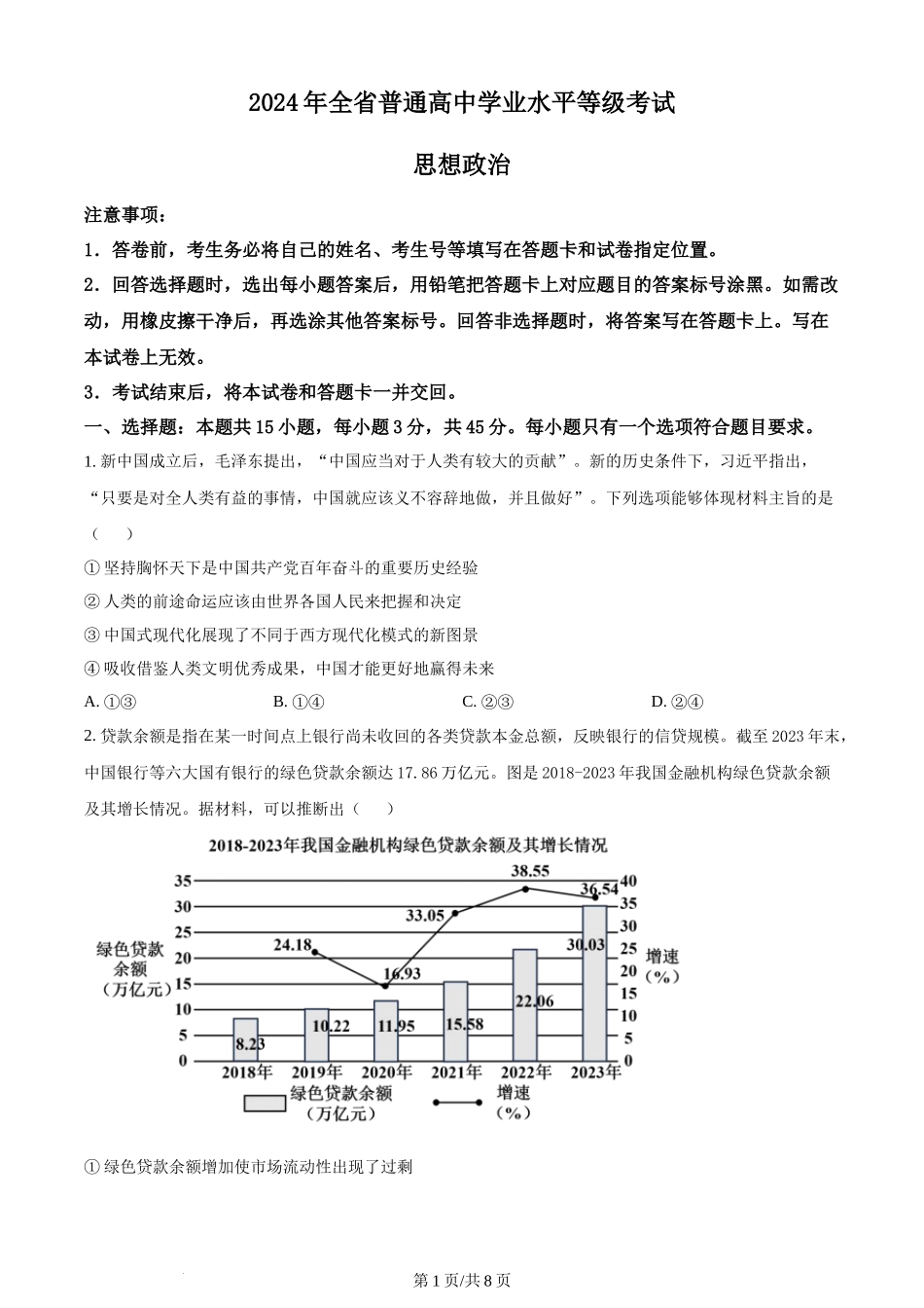 (官方发布)2024年高考政治真题（山东）（空白卷）.docx_第1页