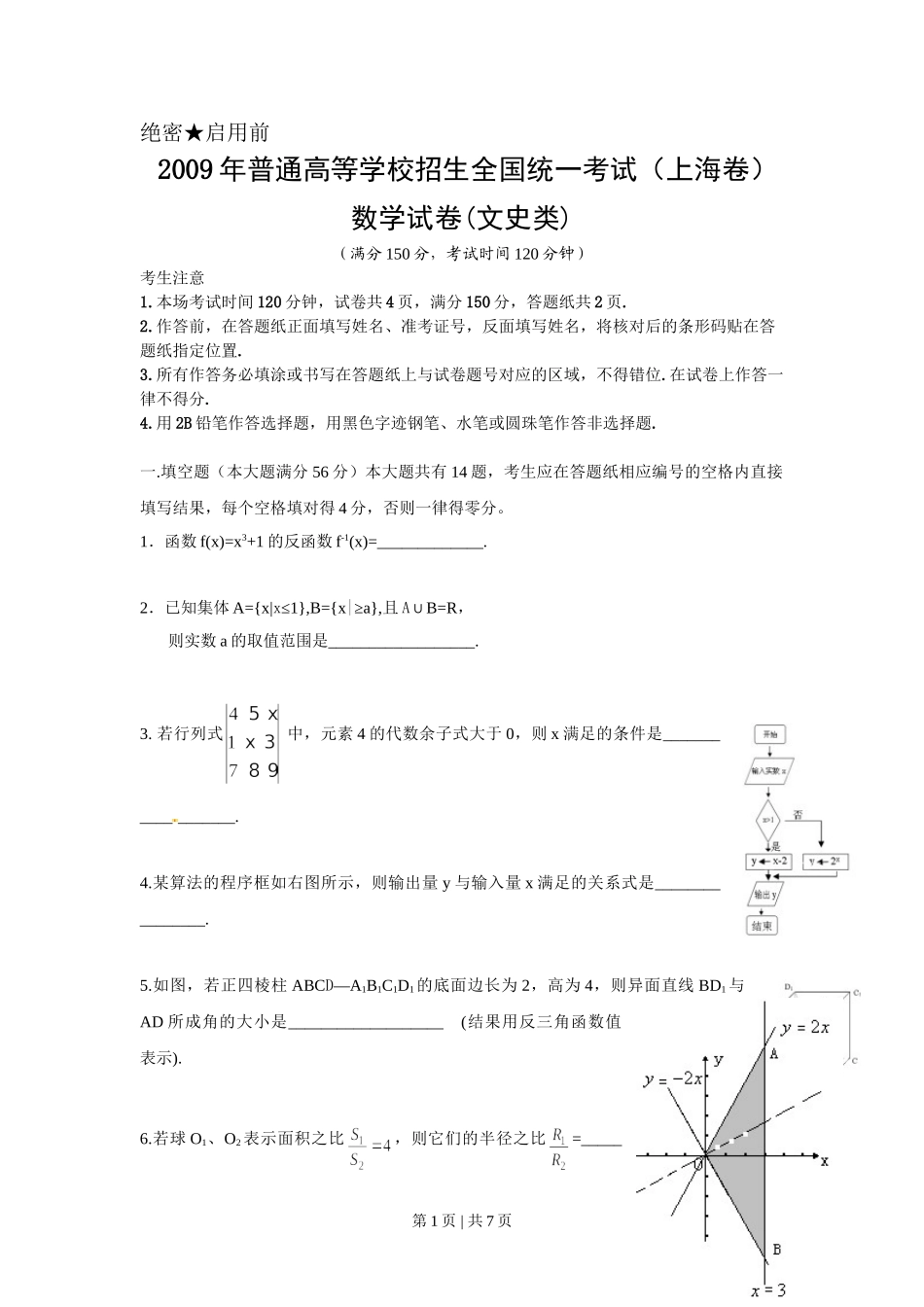 （官方发布）2009年高考数学真题（文）（上海）（空白卷）.doc_第1页