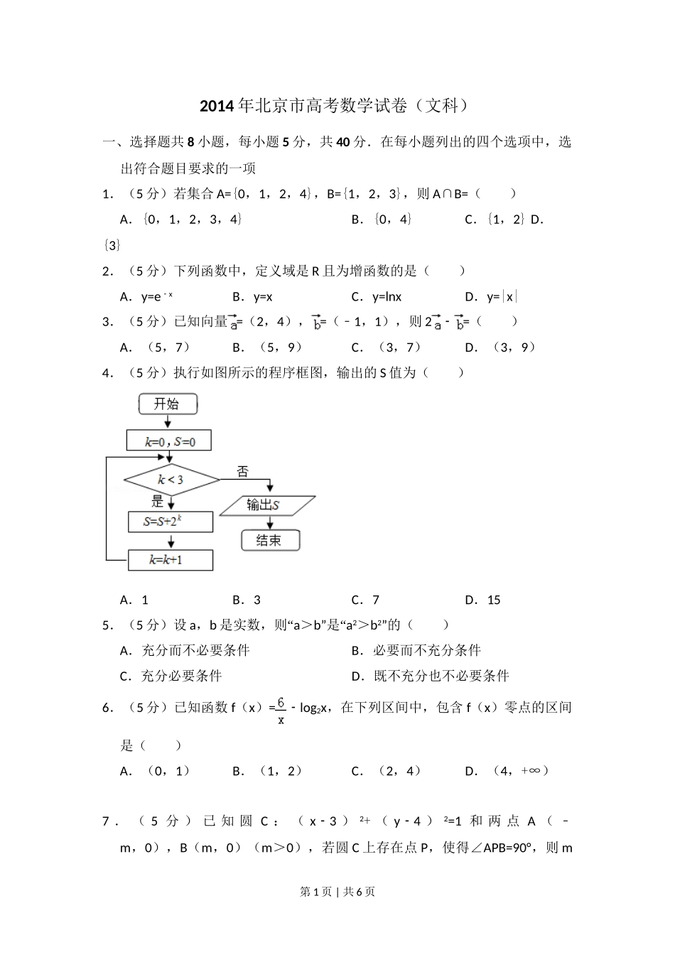 （官方发布）2014年高考数学真题（文）（北京）（空白卷）.doc_第1页