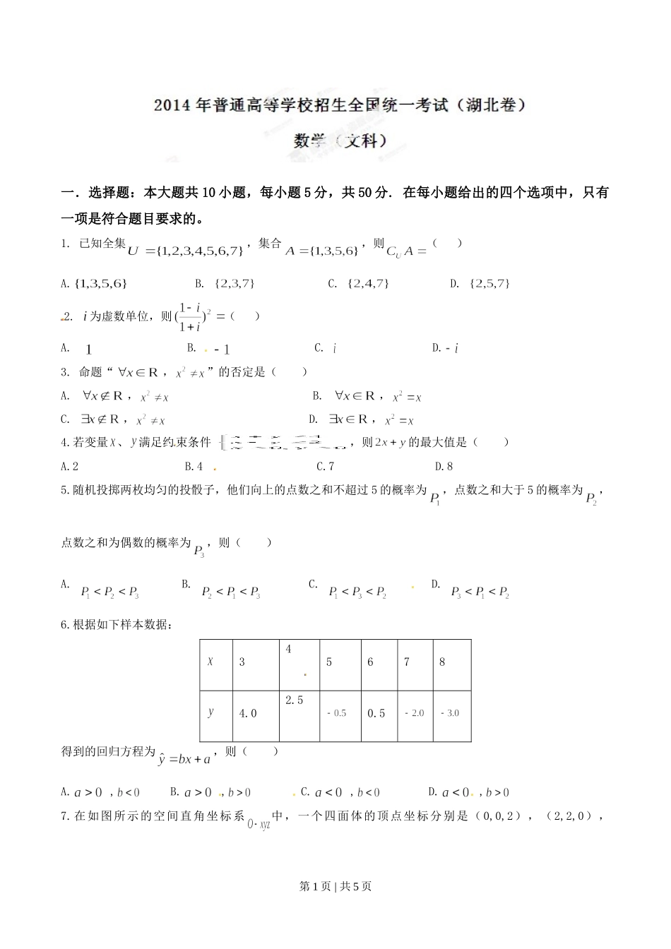 （官方发布）2014年高考数学真题（文）（湖北）（空白卷）.doc_第1页