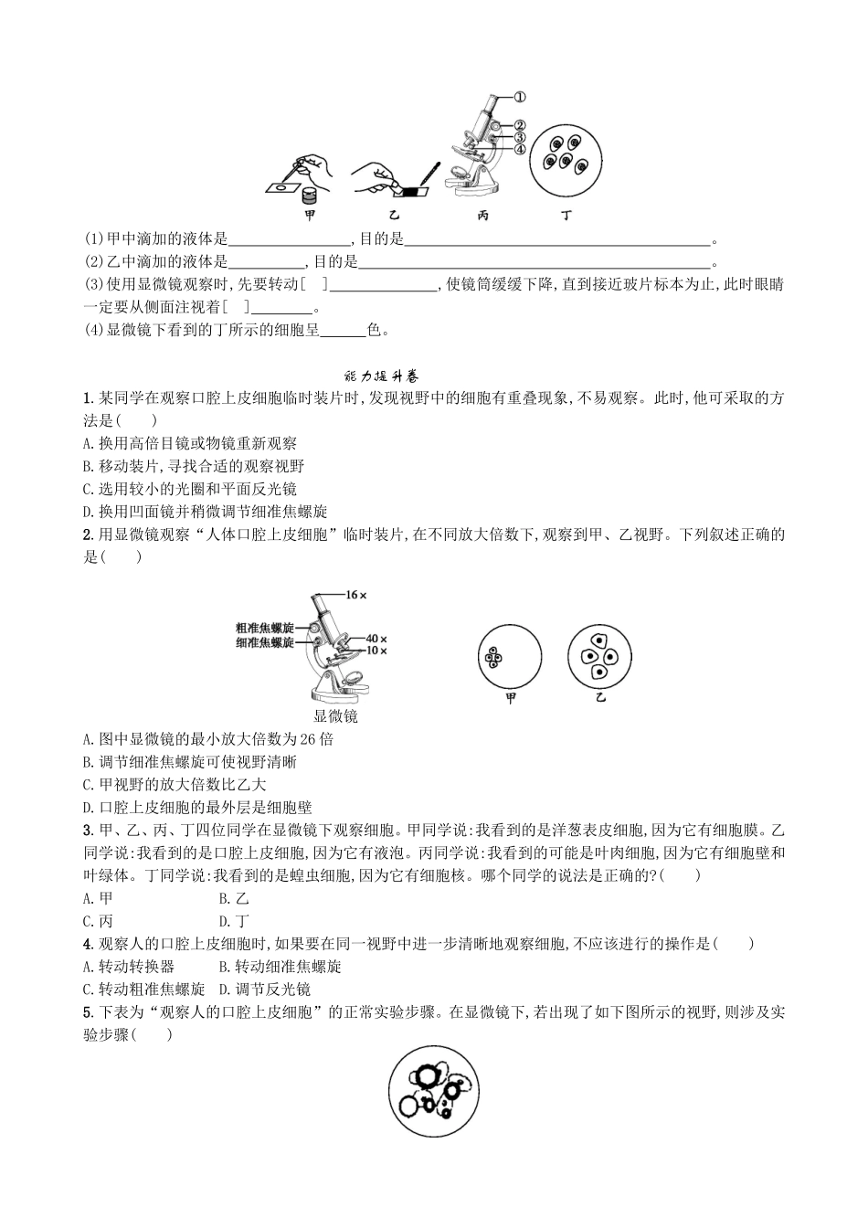 【人教版生物七年级上册课时检测卷】2.1.3 动物细胞.doc_第2页