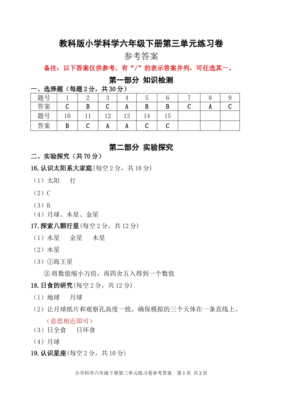 【教科版科学六年级下册单元卷】第三单元参考答案.doc_第1页