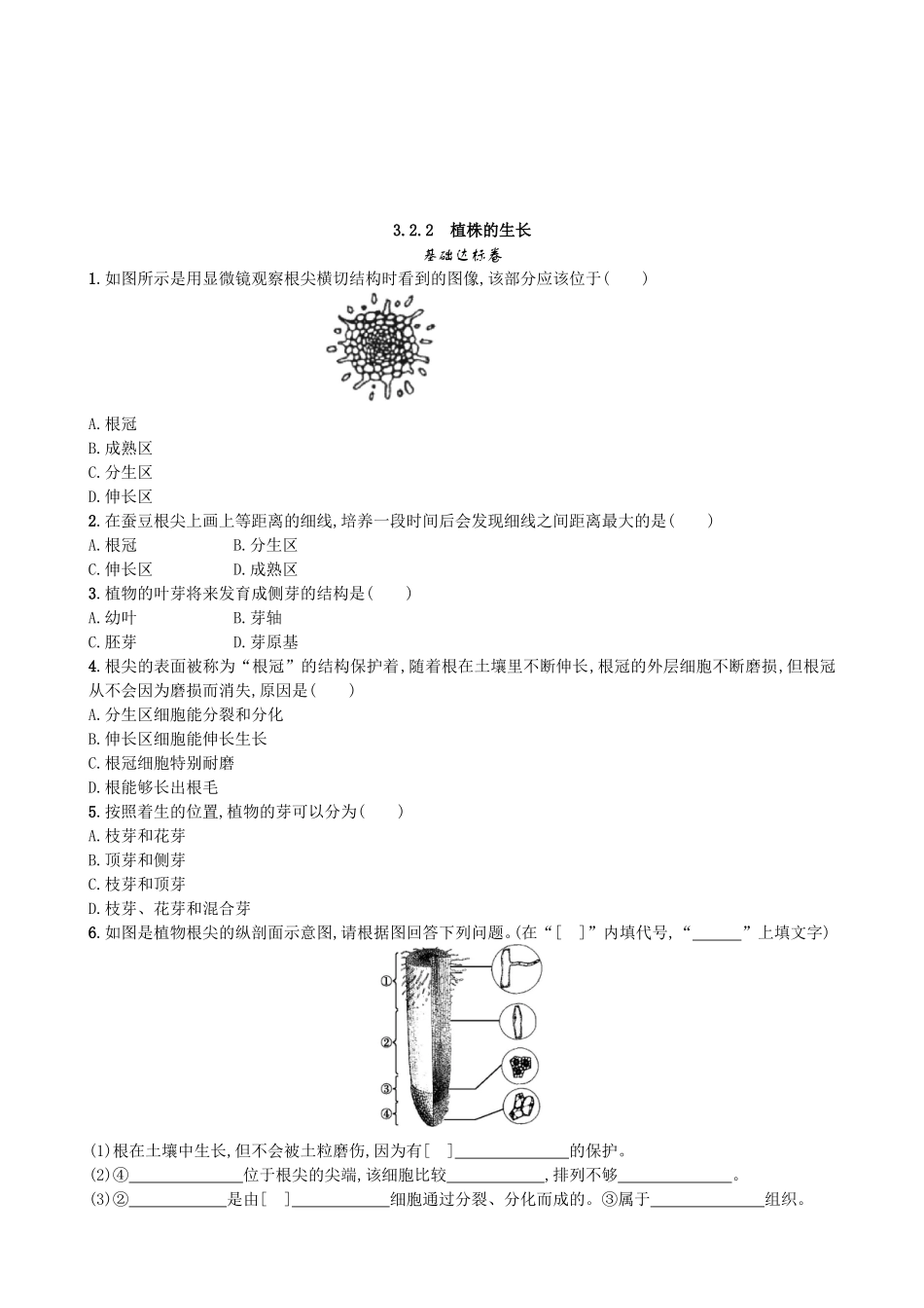 【人教版生物七年级上册课时检测卷】3.2.2 植株的生长.doc_第1页