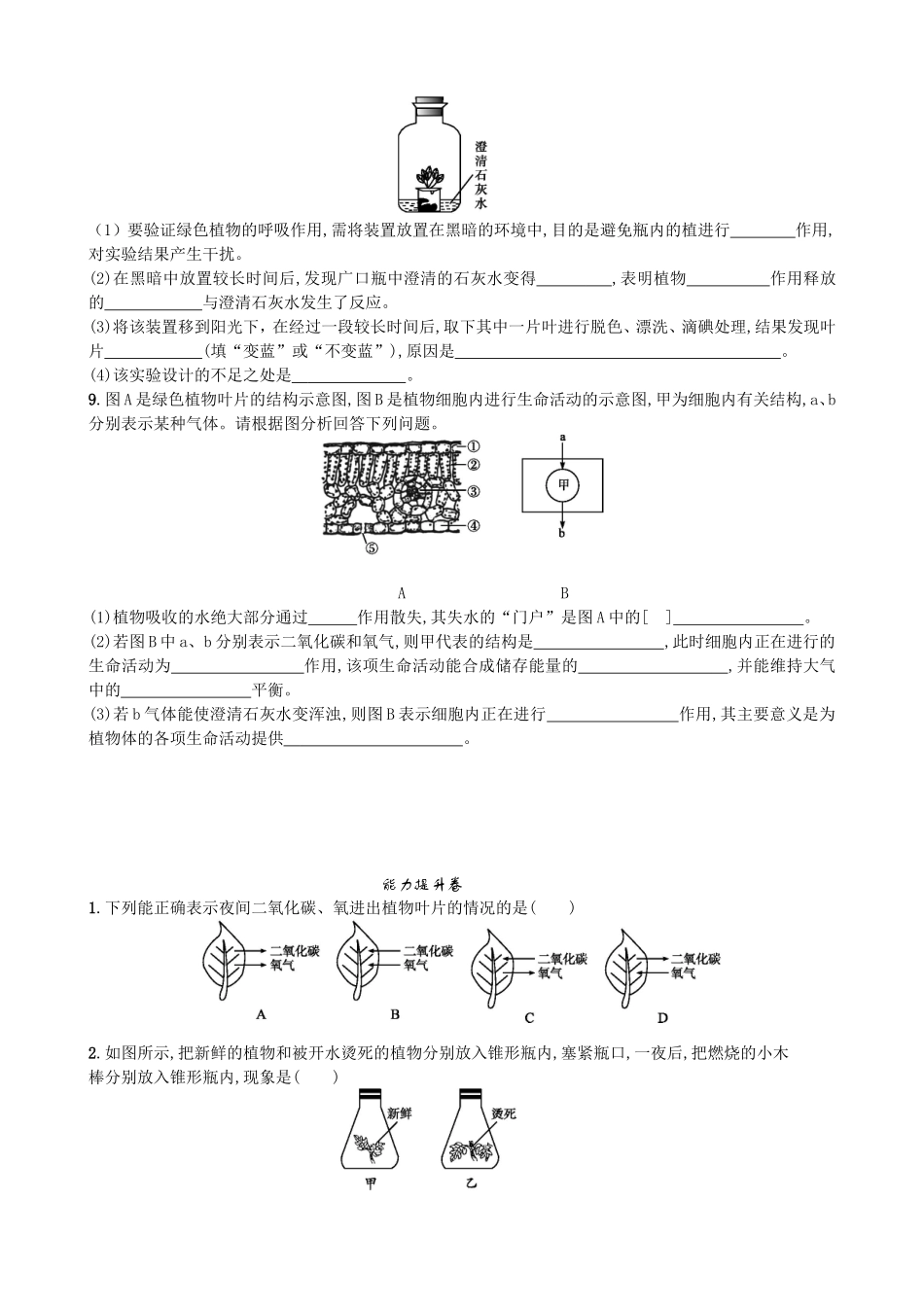 【人教版生物七年级上册课时检测卷】3.5.2 绿色植物的呼吸作用.doc_第2页