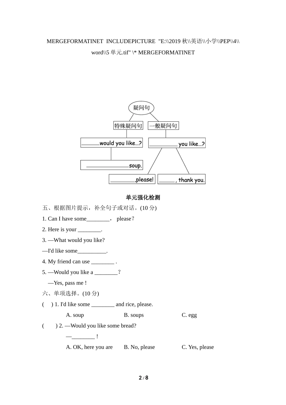 【人教版英语小学四年级上册】Unit 5单元知识梳理卷.doc_第2页