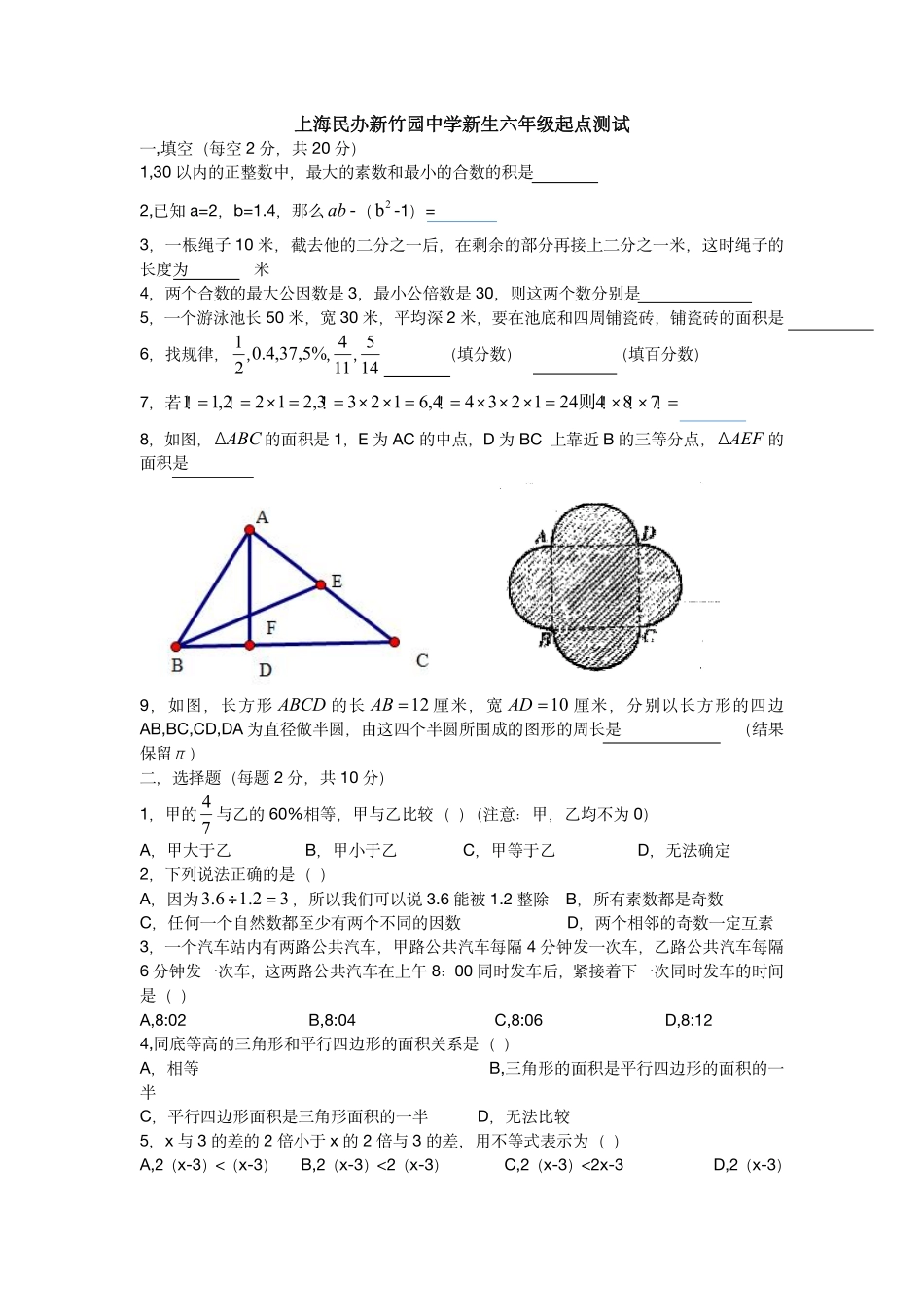 上海民办新竹园中学新生分班考数学真题卷.pdf_第1页