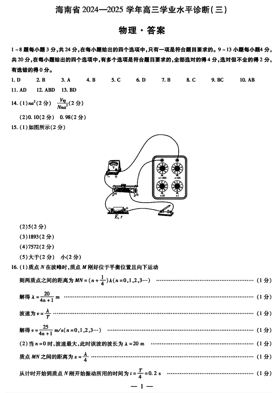 海南省天一大联考2024-2025学年高三学业水平诊断（三）物理答案.pdf_第1页