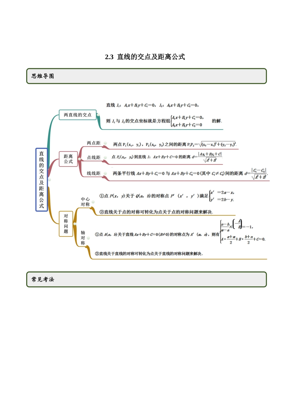 高二数学新教材选择性必修第一册-人教A版-2.3 直线的交点及距离公式精讲解析版.docx_第1页