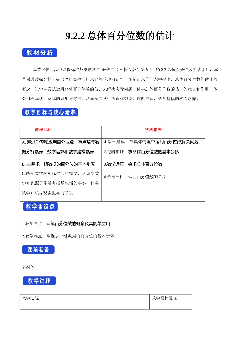 新人教版高中数学必修第二册全套教案含情景引入核心素养word版_9.2.2 总体百分位数的估计（1）.docx_第1页