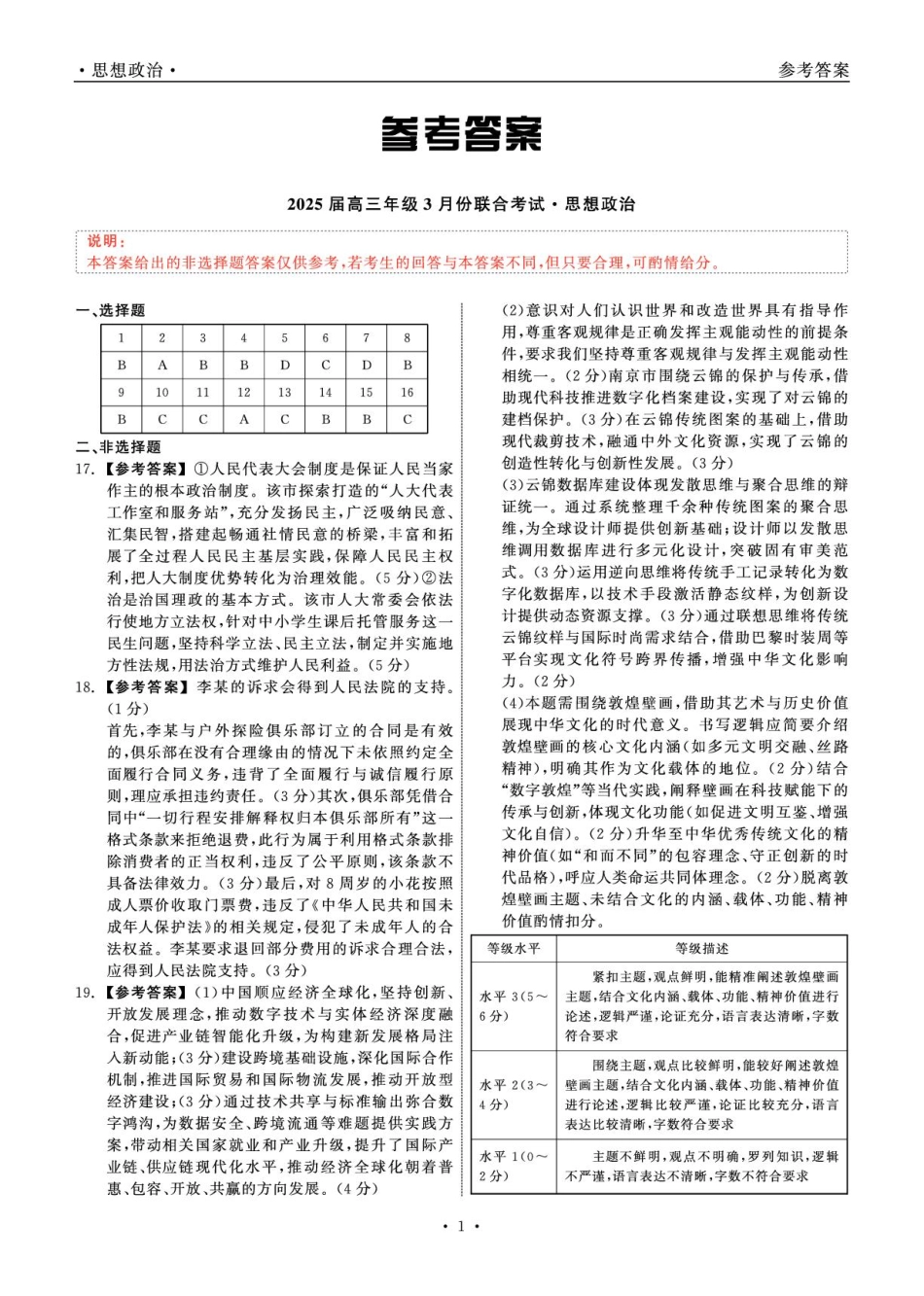 辽宁省点石联考2025届高三年级3月份联合考试政治答案.pdf_第1页