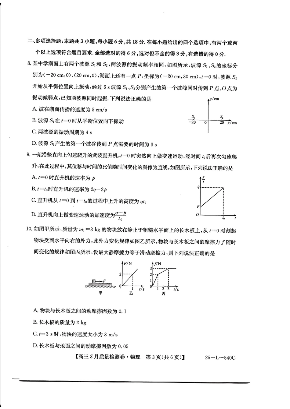 山西省三晋卓越联盟2025届高三3月联考（25-L-540C）物理+答案.pdf_第3页