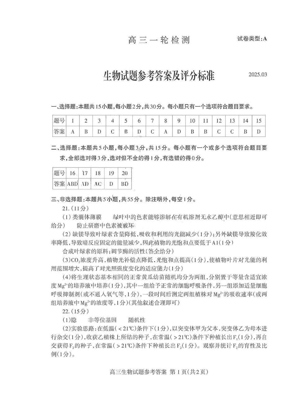 山东省泰安市2025届高三一轮检测（泰安一模）生物答案.pdf_第1页