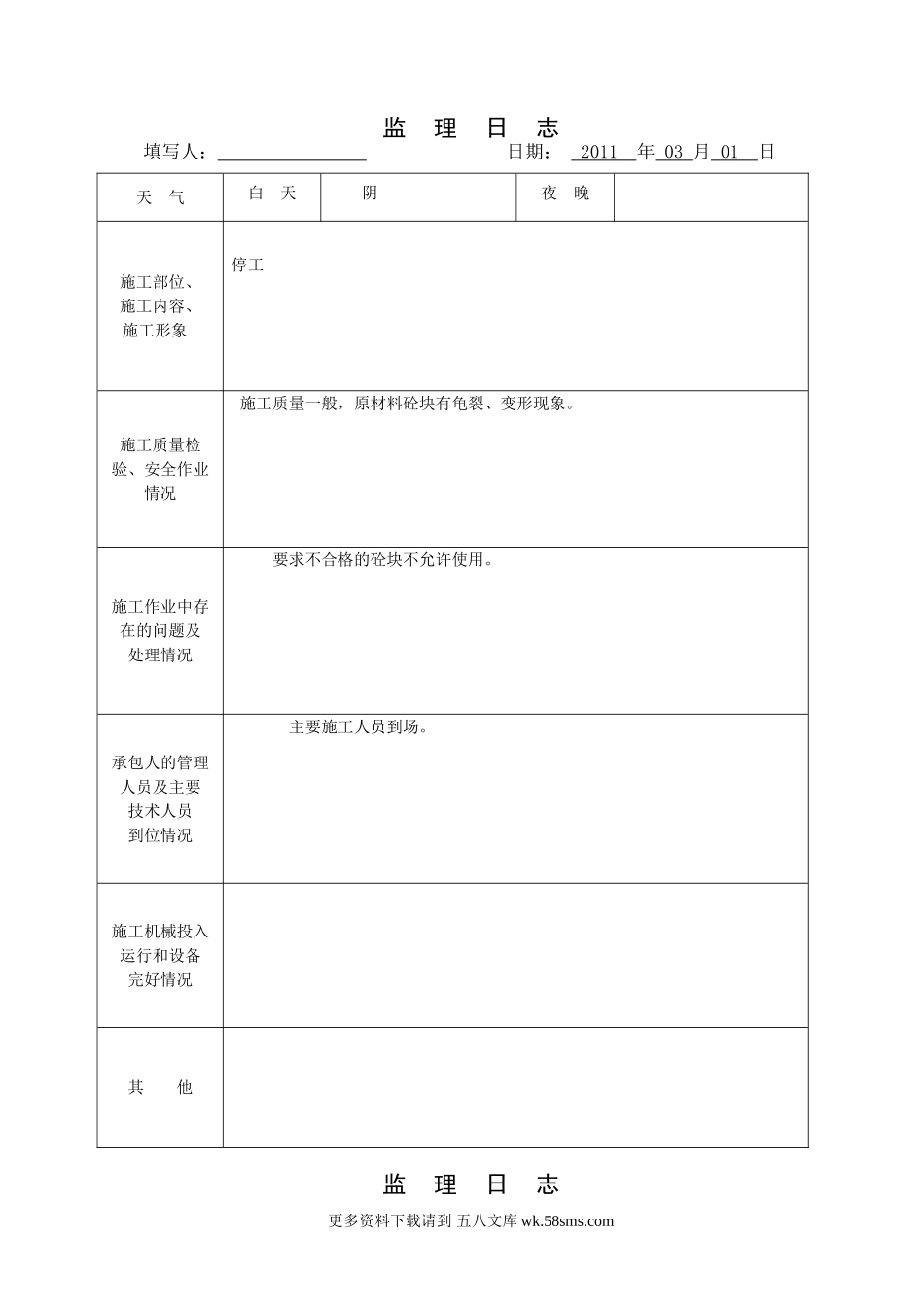 监理日志表格2.doc_第1页
