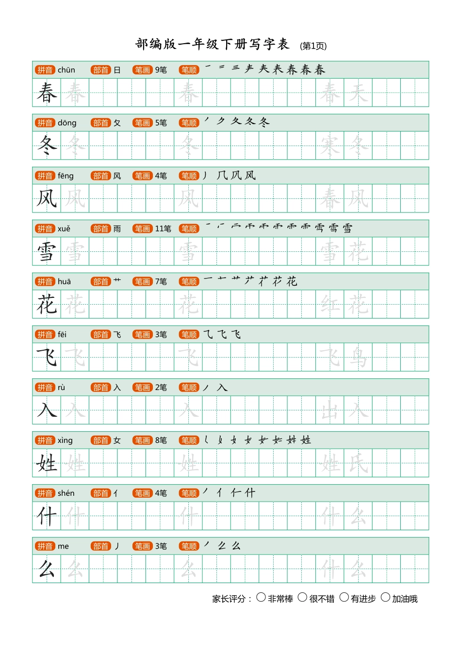 部编版-1年级下册写字表（带部首笔画）20页字帖打印版.pdf_第1页