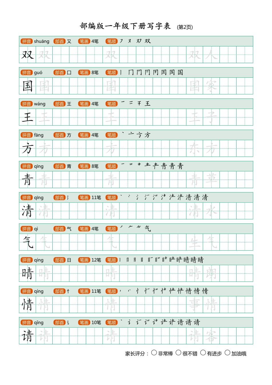 部编版-1年级下册写字表（带部首笔画）20页字帖打印版.pdf_第2页