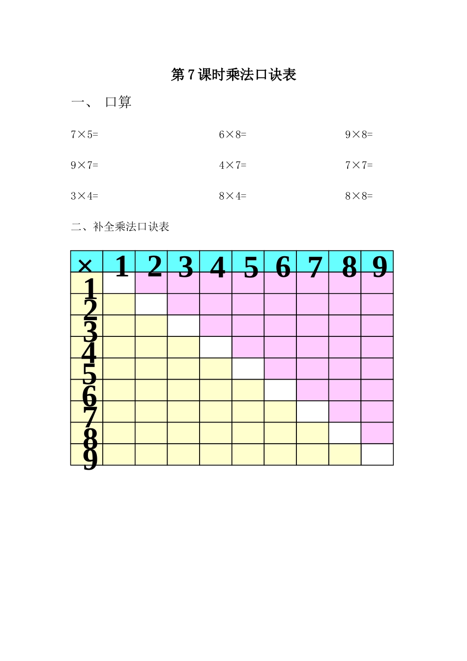 【小学二年级数学上册冀教版】第七单元 表内乘法和除法（二）7.7 乘法口诀表.docx_第1页