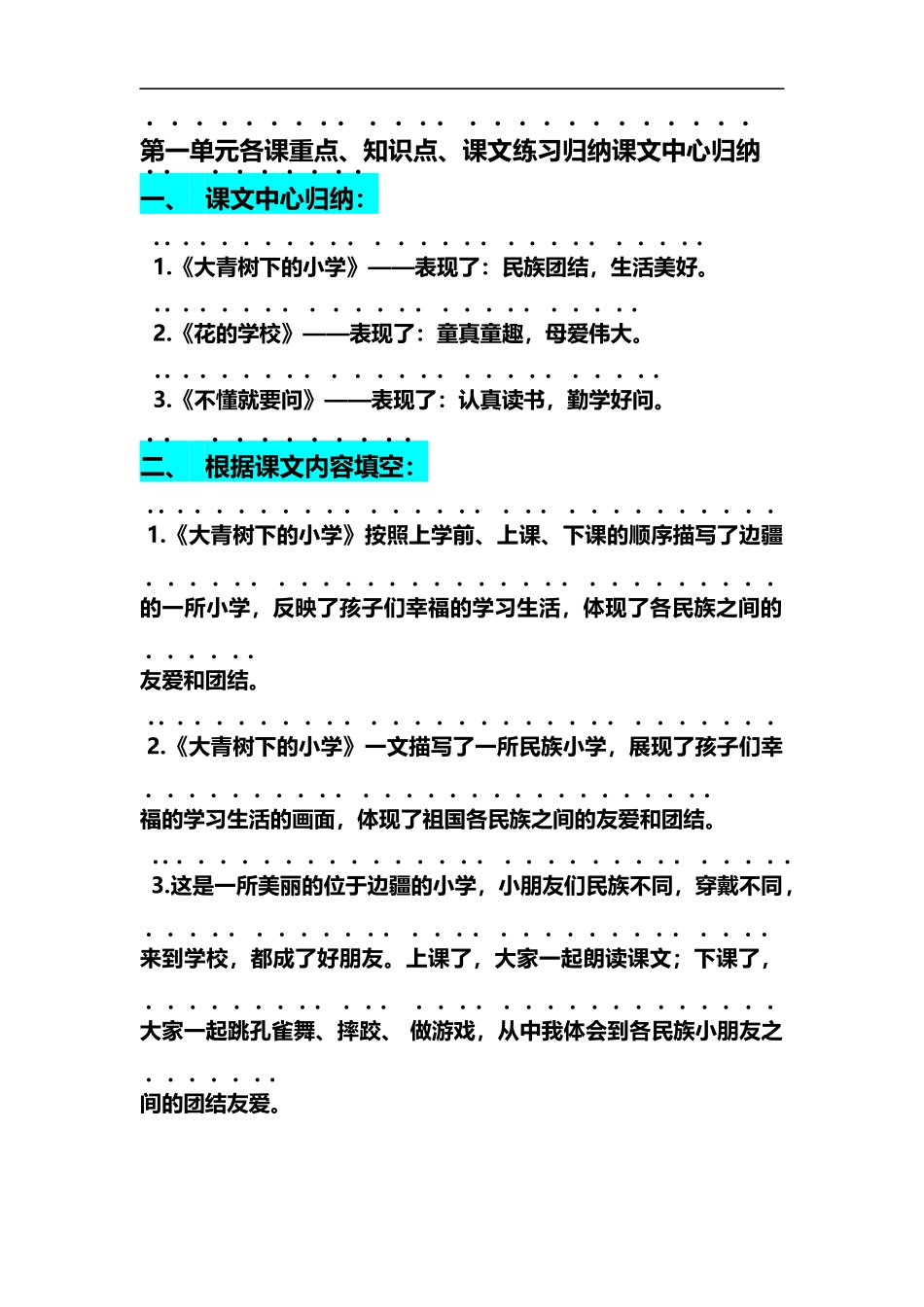 部编版三年级（上册）语文第一单元各课课文重点、知识点、课文练习归纳（复习）.docx_第1页