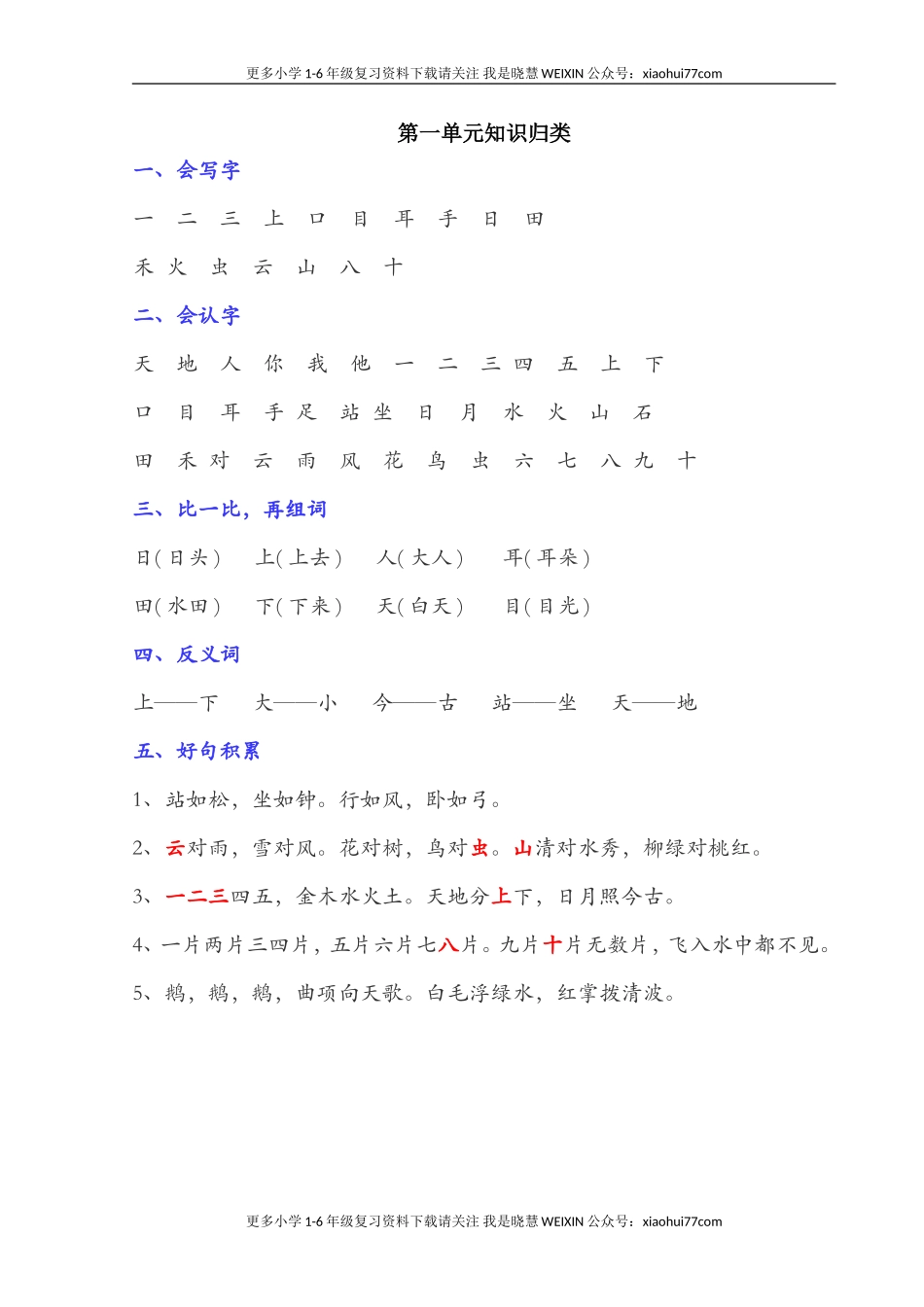 部编一年级语文上册-语文全册单元知识点归类汇总.doc_第1页