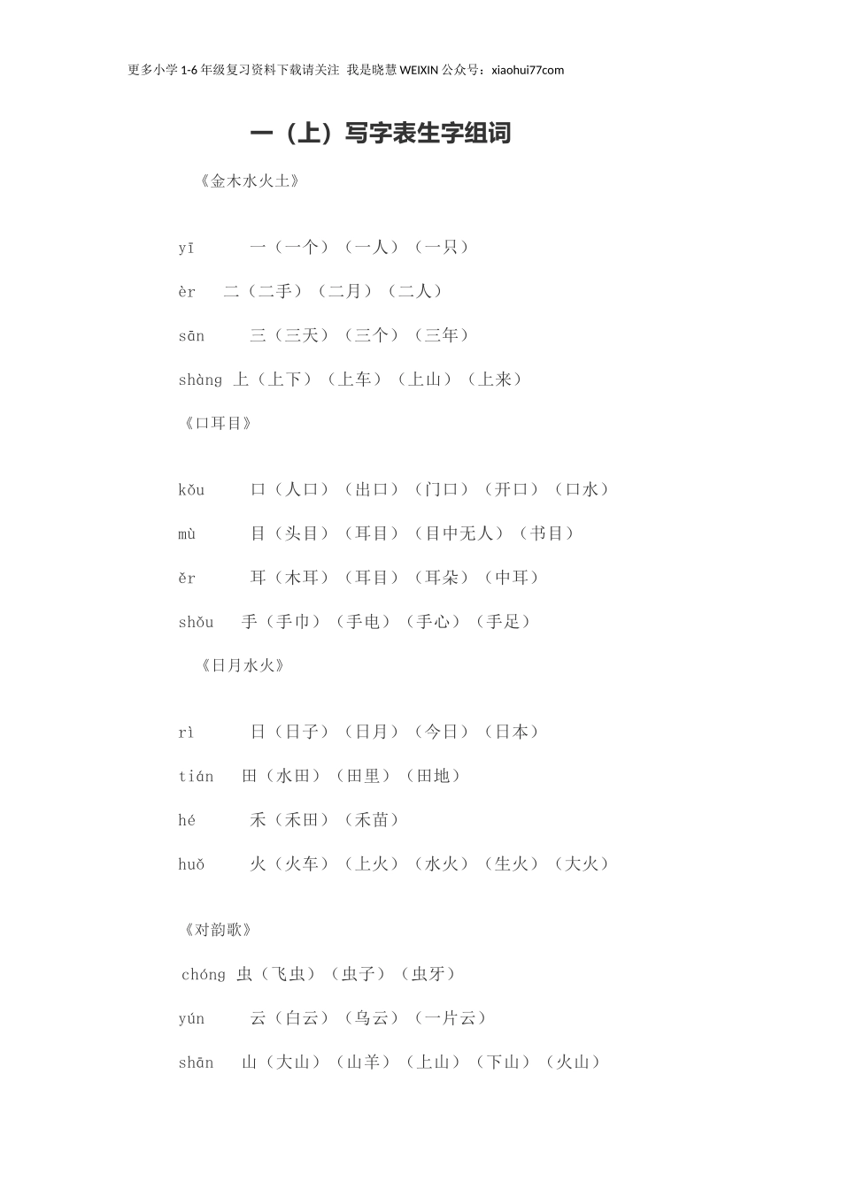 人教部编版一年上册语文写字表生字组词.docx_第1页