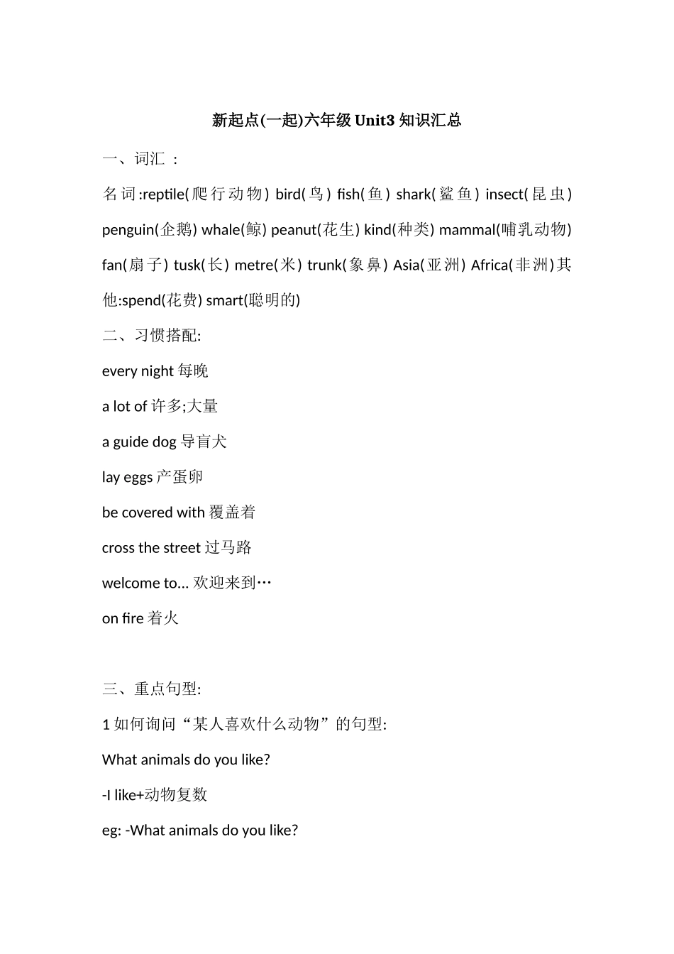 人教新起点英语六年级上册Unit3知识点汇总.docx_第1页