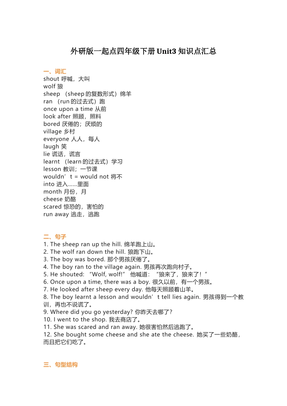 外研版一起点四年级下册Unit 3知识点汇总.docx_第1页