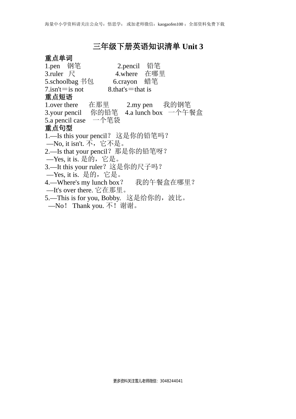 小学三年级下册-译林版英语：Unit 3知识重点.doc_第1页