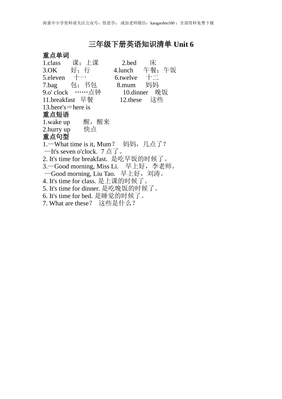 小学三年级下册-译林版英语：Unit 6知识重点.doc_第1页