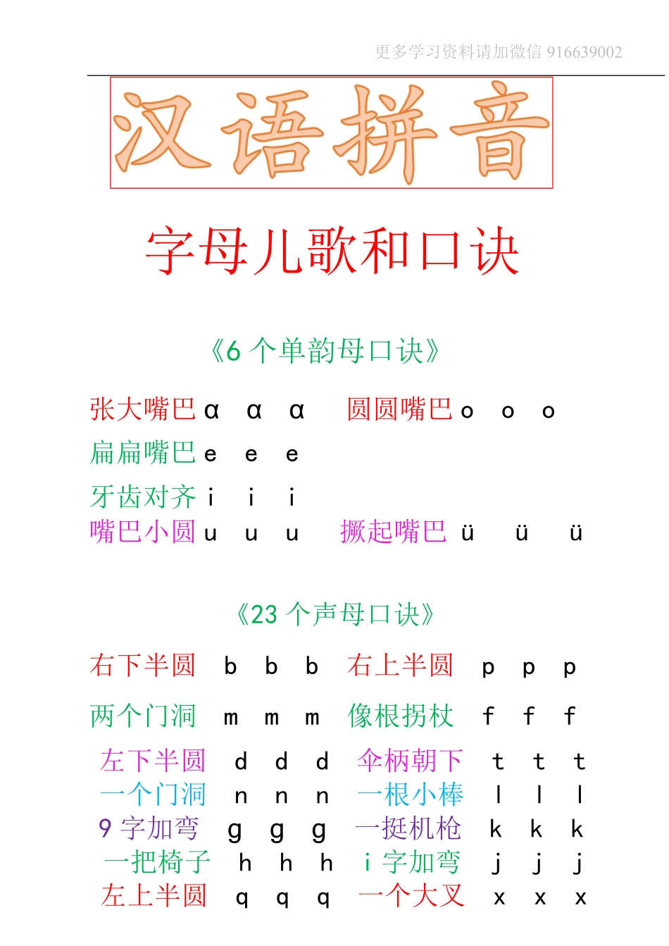 小学一年级上册语文资料-汉语拼音学习字母歌 (1).pdf_第1页