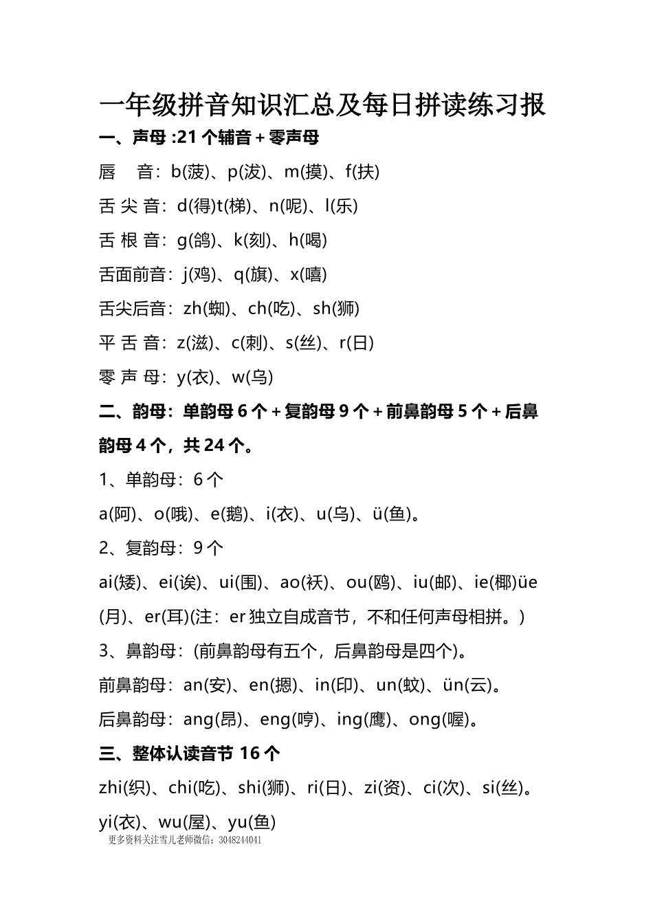小学一年级上册语文资料-语文拼音知识汇总及每日拼读练习报.docx_第1页