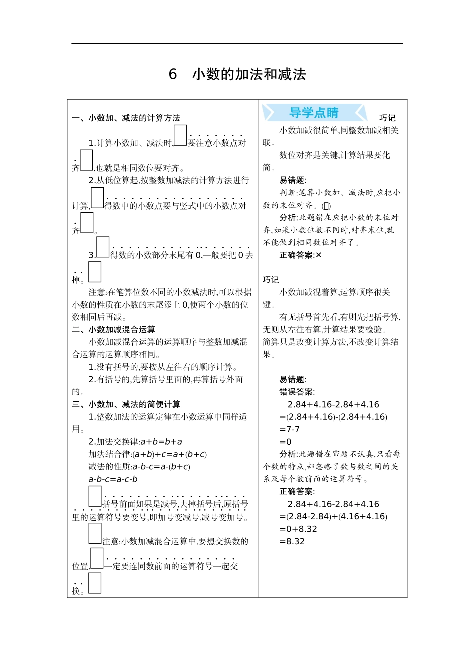 人教版四年级数学下册期末单元复习试题（含答案）：6.小数的加法和减法.docx_第1页